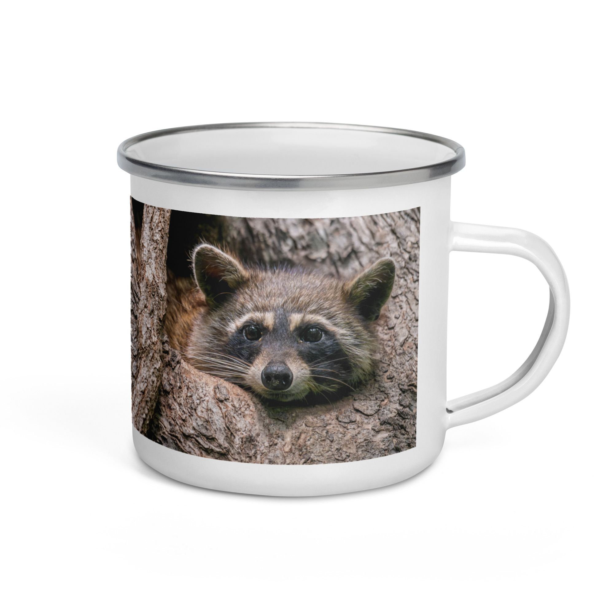 Curious Mama Racoon guarding its den! Enamel Mug