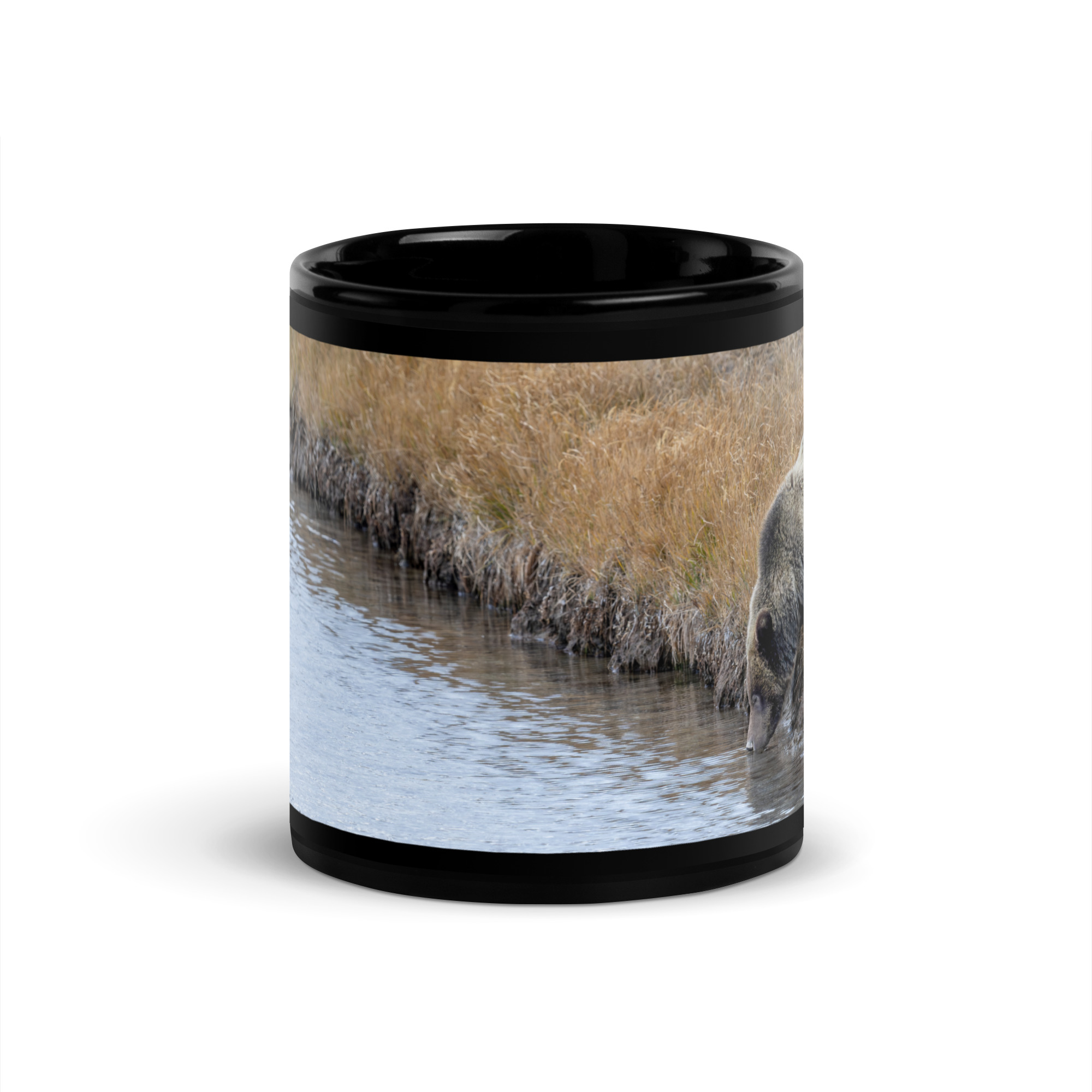 Grizzly bear quenching thirst! Black Glossy Mug - Image 3