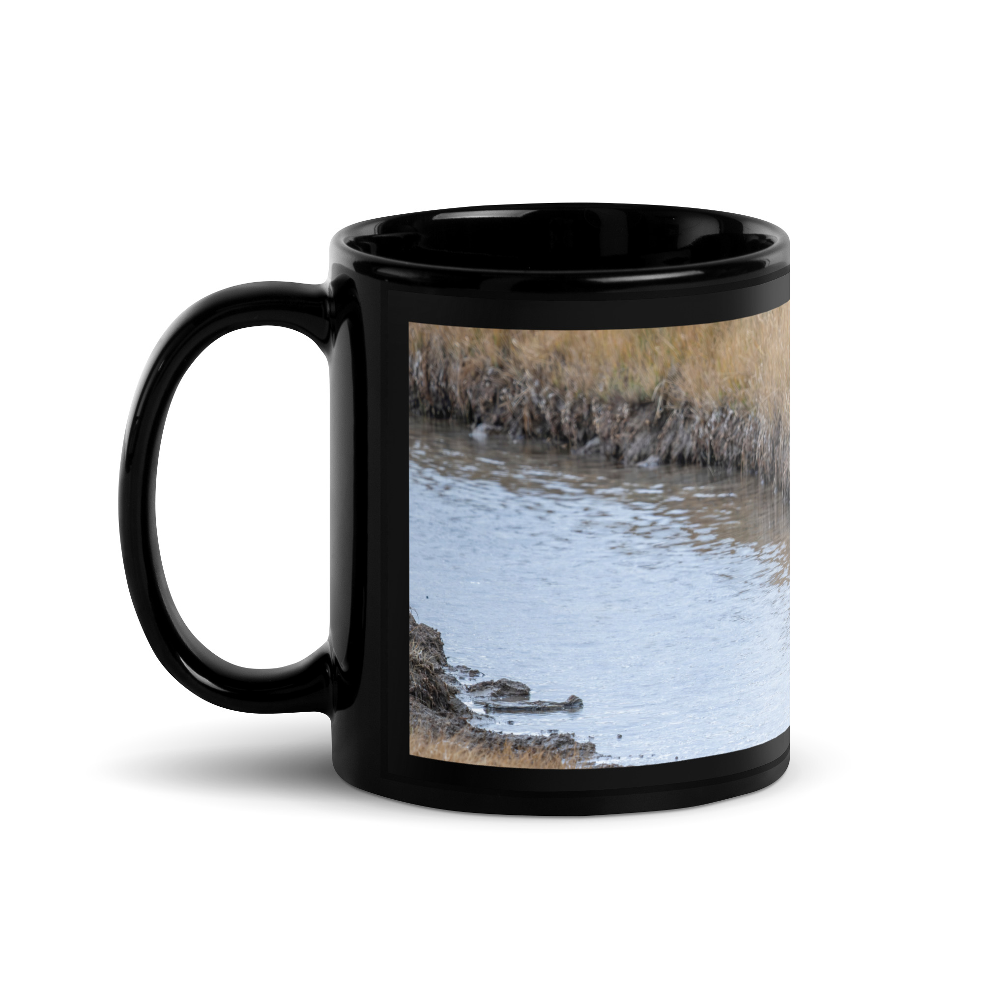 Grizzly bear quenching thirst! Black Glossy Mug - Image 2
