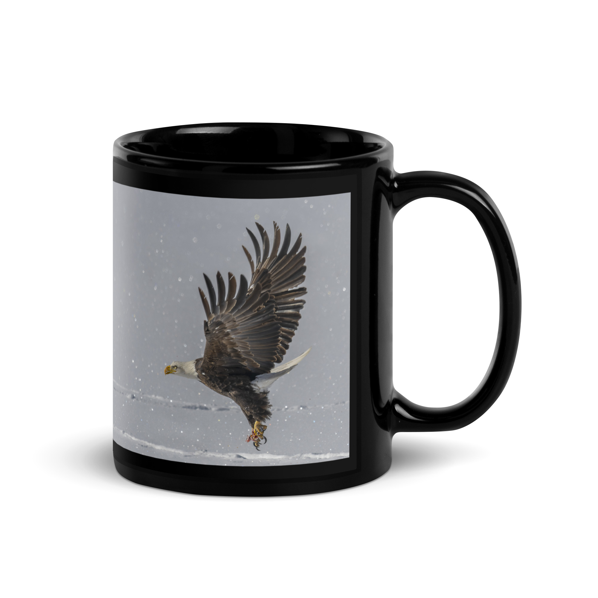 Bald eagle hunting in snow! Black Glossy Mug