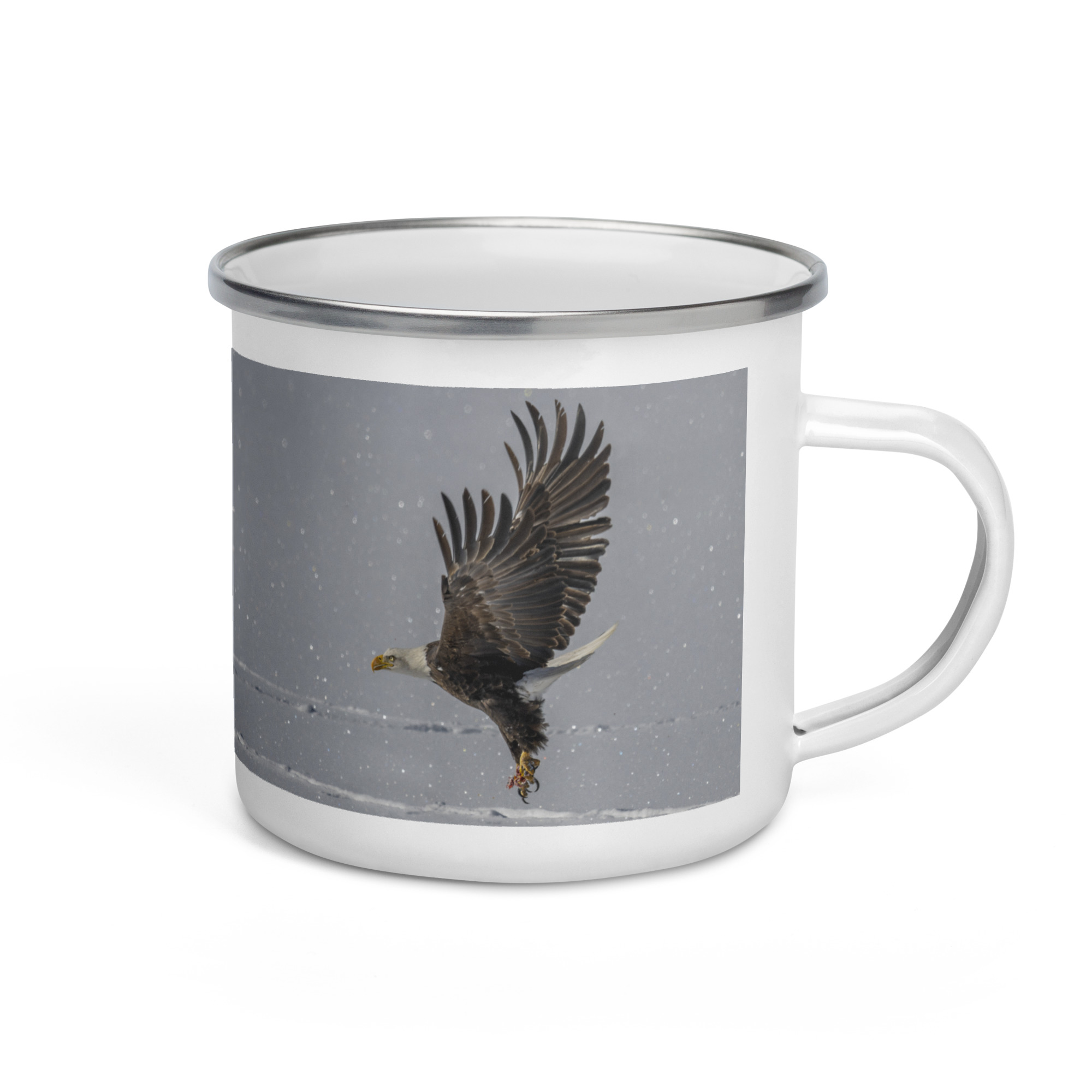 Bald eagle hunting in snow! Enamel Mug
