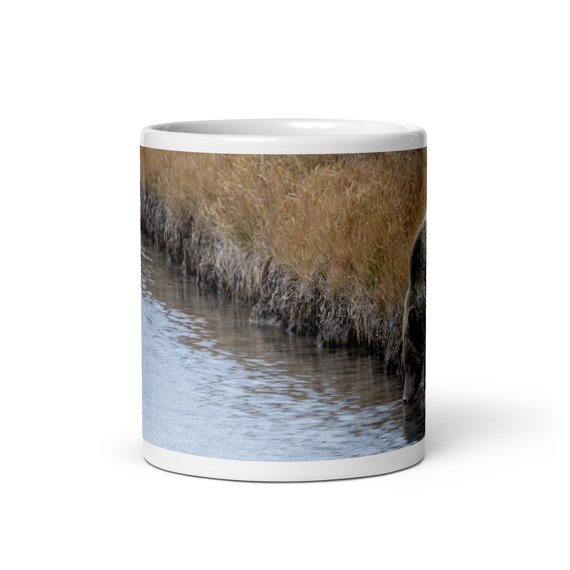 Grizzly bear quenching thirst! White glossy mug - Image 3