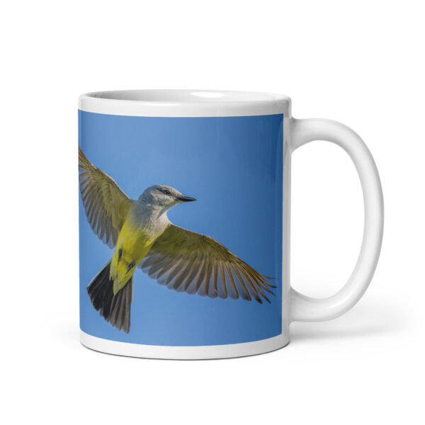 Western kingbird in flight! White glossy mug